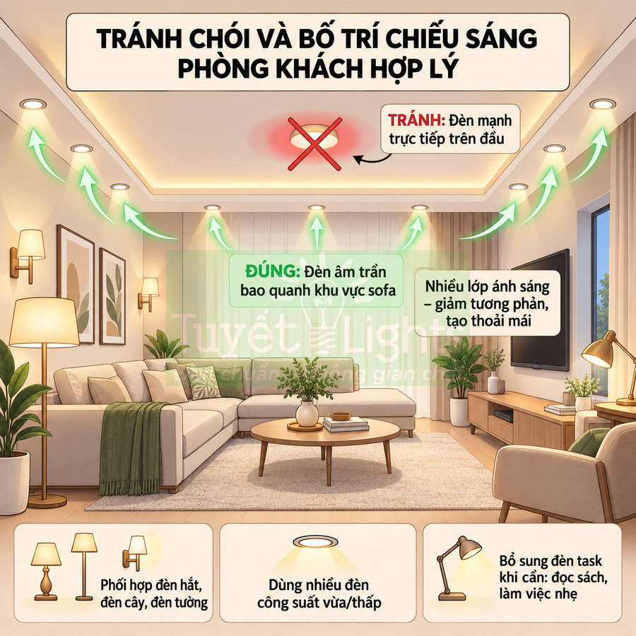 Hướng dẫn bố trí đèn âm trần, đèn cây, đèn tường cho phòng khách hiện đại tránh chói và tạo ánh sáng dễ chịu