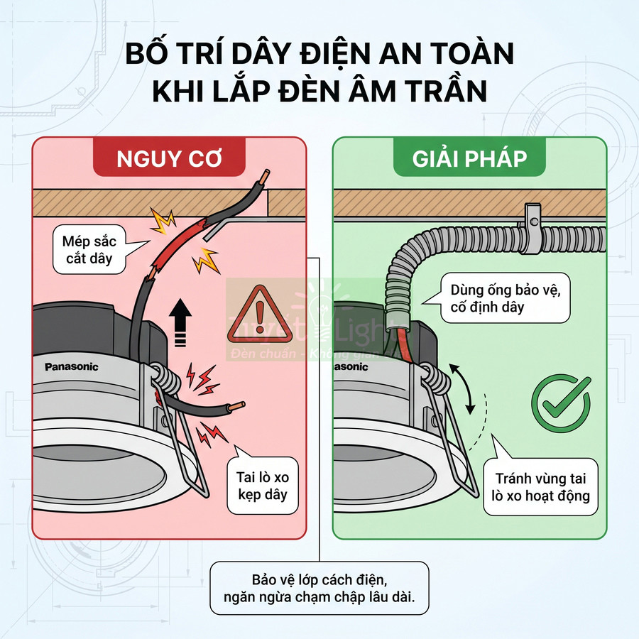 Hướng dẫn bố trí dây điện an toàn cho đèn âm trần Panasonic với ống bảo vệ và tránh kẹp vào tai lò xo