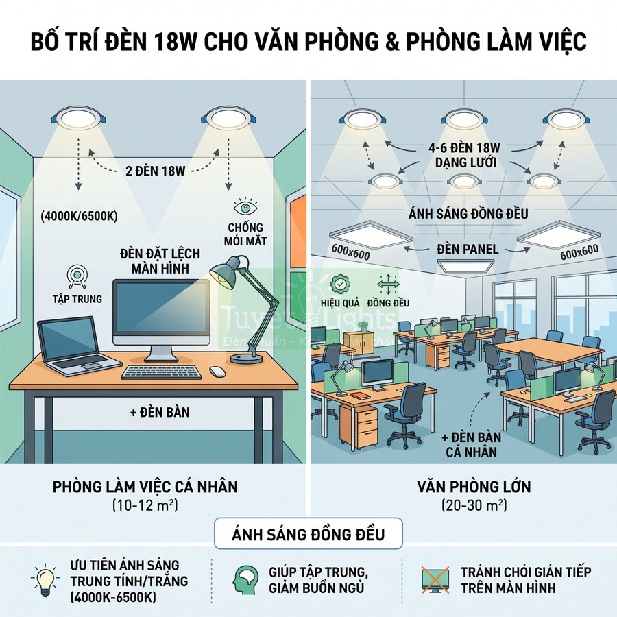 Sơ đồ bố trí đèn LED 18W và đèn panel cho phòng làm việc cá nhân và văn phòng lớn ánh sáng đồng đều