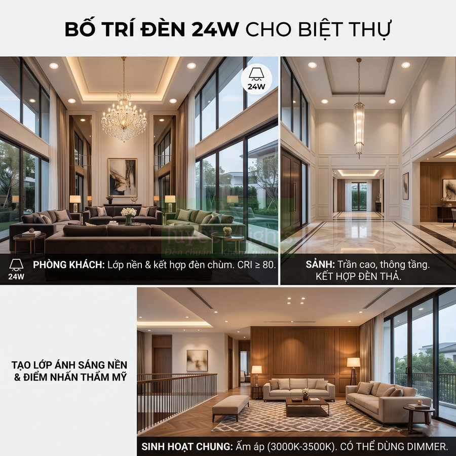 Bố trí đèn LED 24W cho biệt thự với phòng khách, sảnh và khu sinh hoạt chung ánh sáng ấm hiện đại