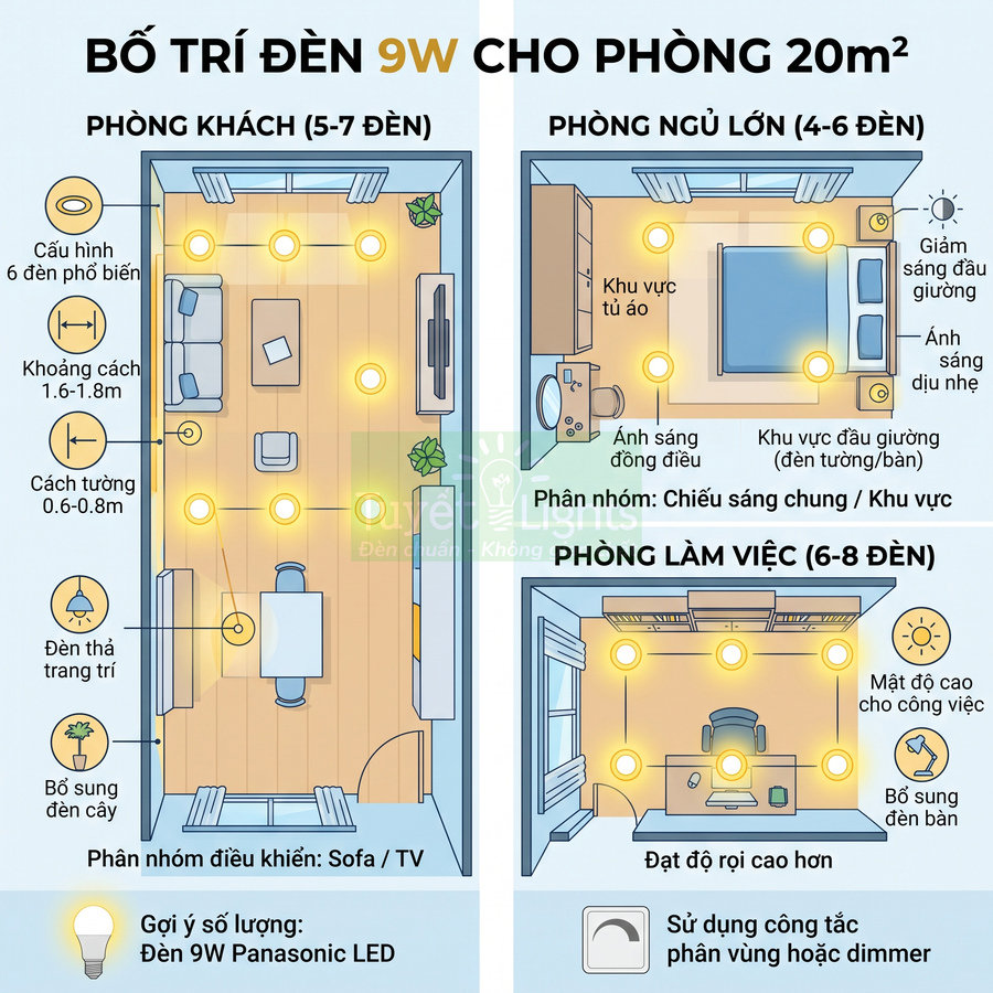 Sơ đồ bố trí đèn 9W Panasonic LED cho phòng khách, phòng ngủ và phòng làm việc diện tích 20m2