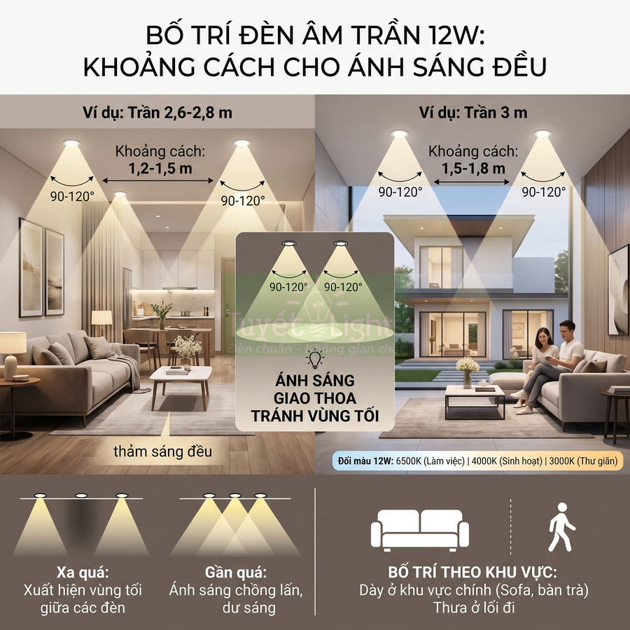 Hướng dẫn bố trí đèn âm trần 12W cho phòng khách, minh họa khoảng cách lắp đặt để ánh sáng đều
