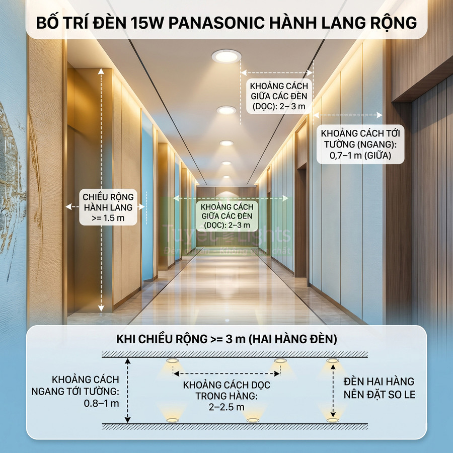 Sơ đồ bố trí đèn âm trần Panasonic 15W cho hành lang rộng với khoảng cách lắp đặt chuẩn