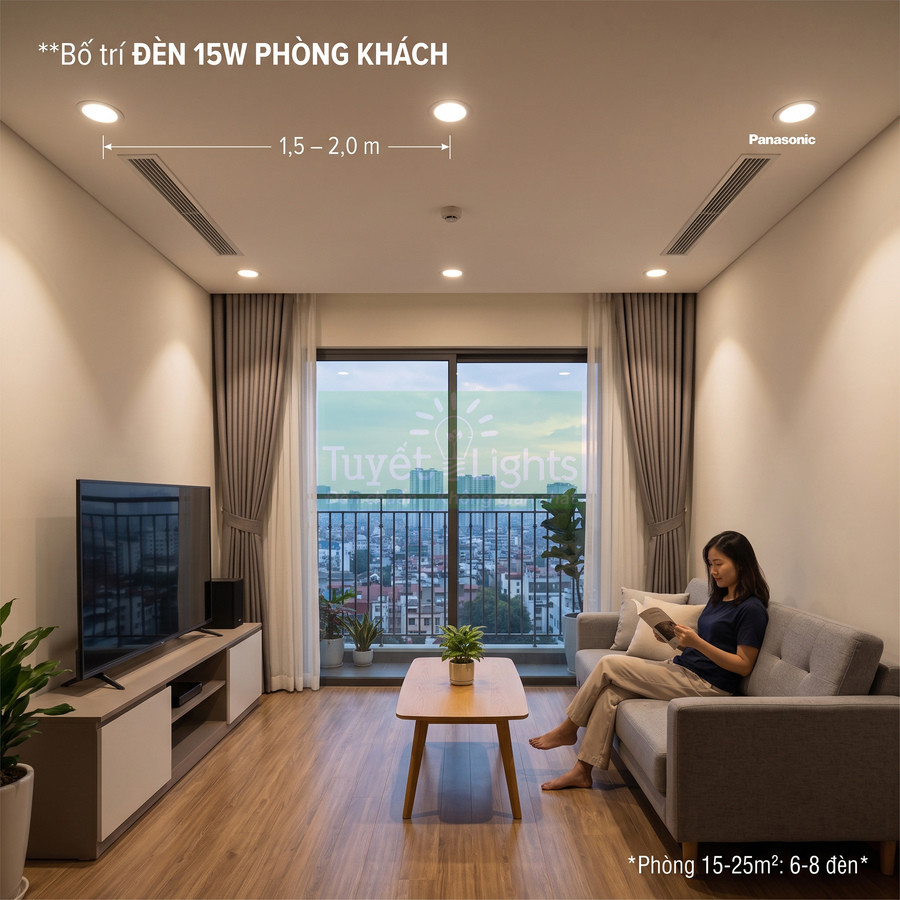 Bố trí đèn âm trần Panasonic 15W chiếu sáng phòng khách hiện đại với sofa và bàn trà gỗ