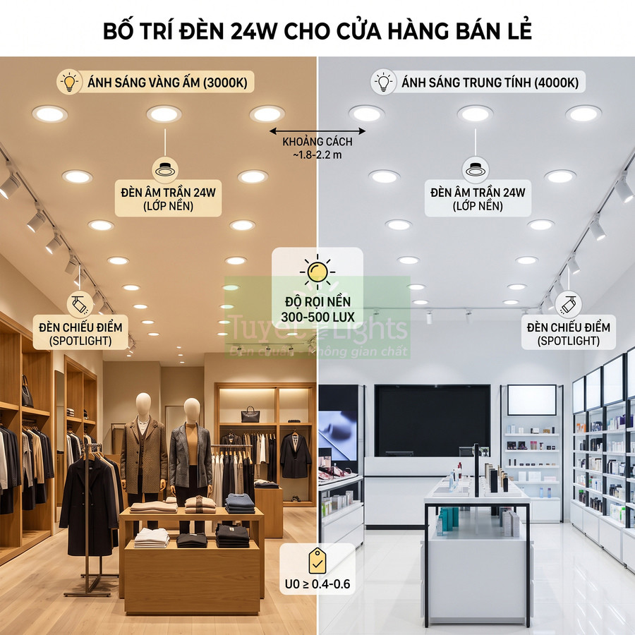 Bố trí đèn âm trần 24W và đèn chiếu điểm cho cửa hàng bán lẻ ánh sáng vàng và trung tính