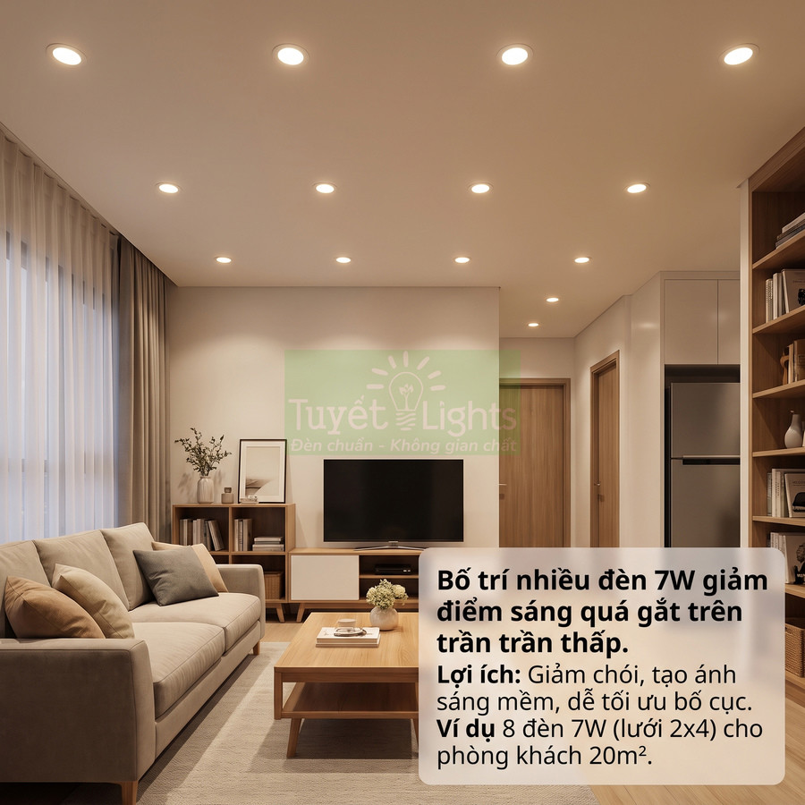 Đèn âm trần LED 7W Tuyết Lights bố trí dày trên trần phòng khách hiện đại giảm chói, tạo ánh sáng mềm