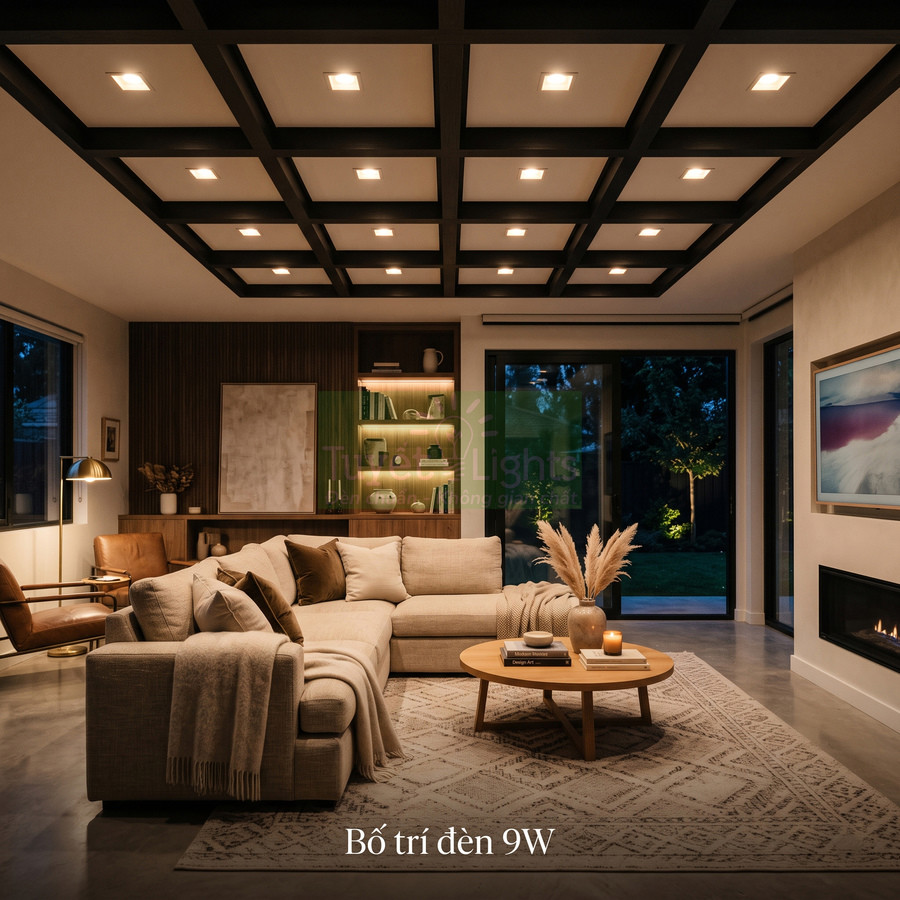 Phòng khách hiện đại với trần lắp nhiều đèn LED âm trần 9W chiếu sáng sofa và bàn trà