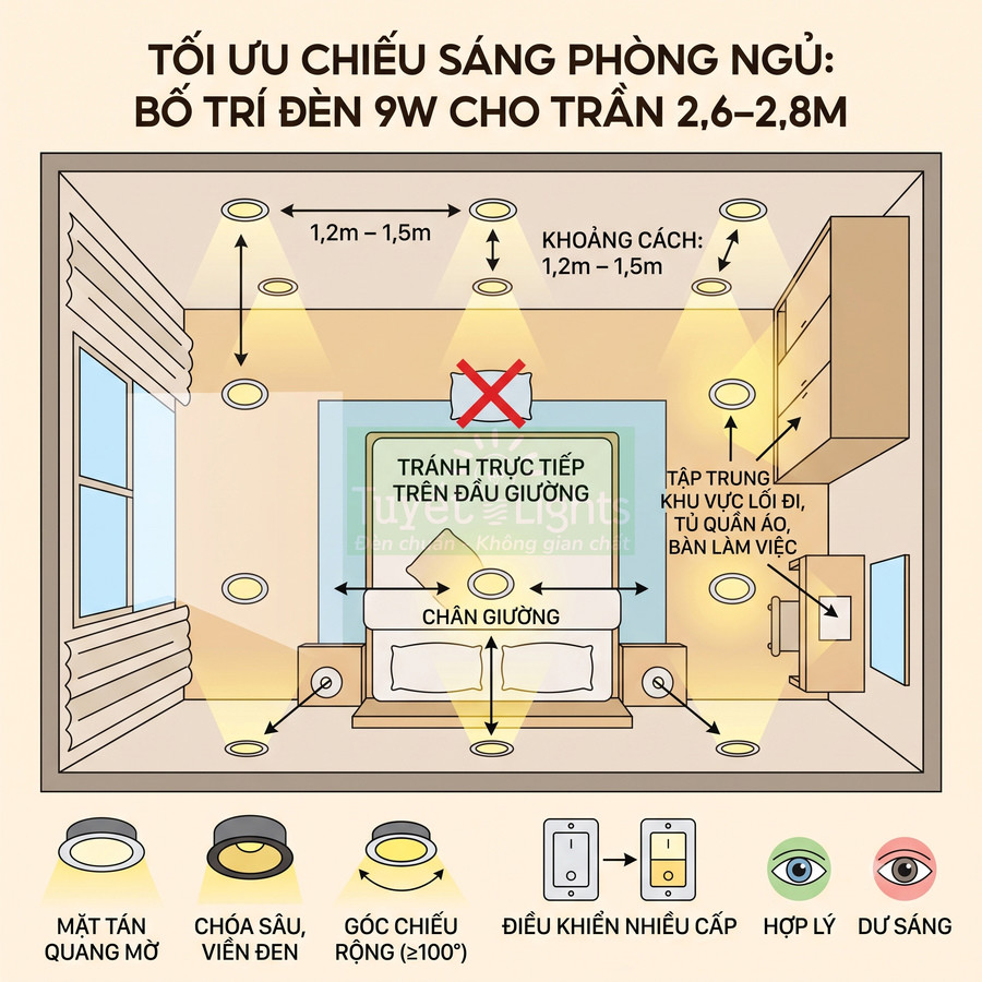 Sơ đồ bố trí đèn LED âm trần 9W tối ưu chiếu sáng phòng ngủ trần cao 2,6 đến 2,8 mét