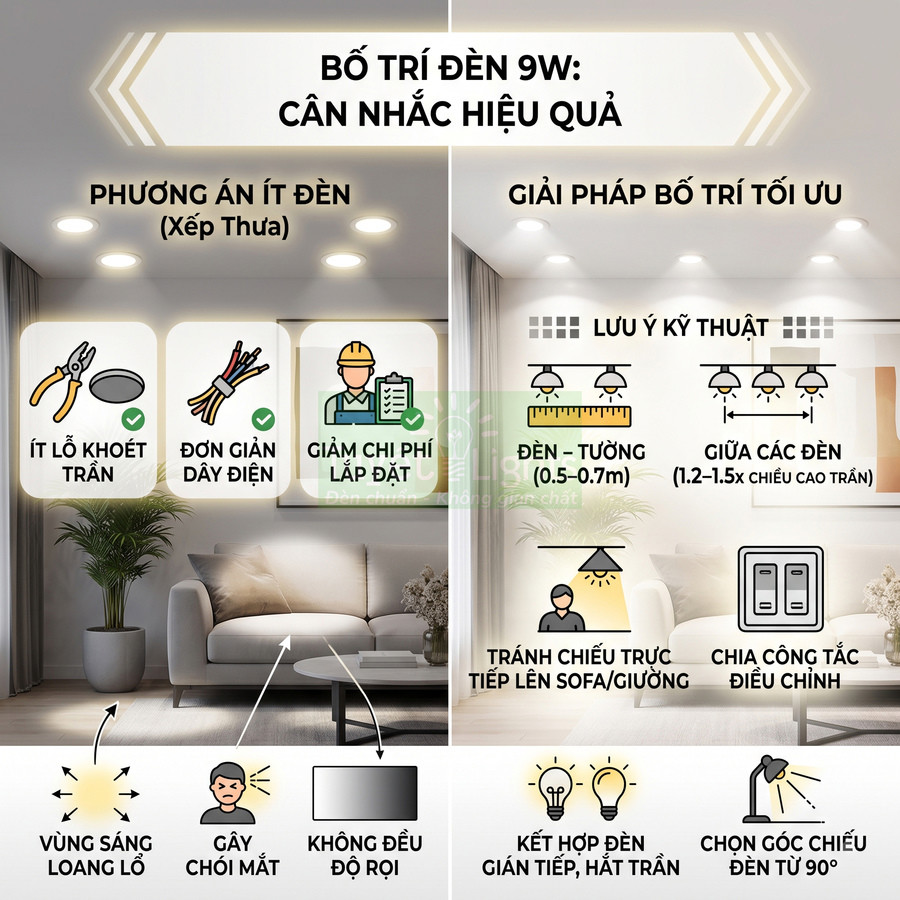 Infographic hướng dẫn bố trí đèn âm trần 9W tối ưu cho phòng khách, lưu ý khoảng cách đèn và tránh chói mắt