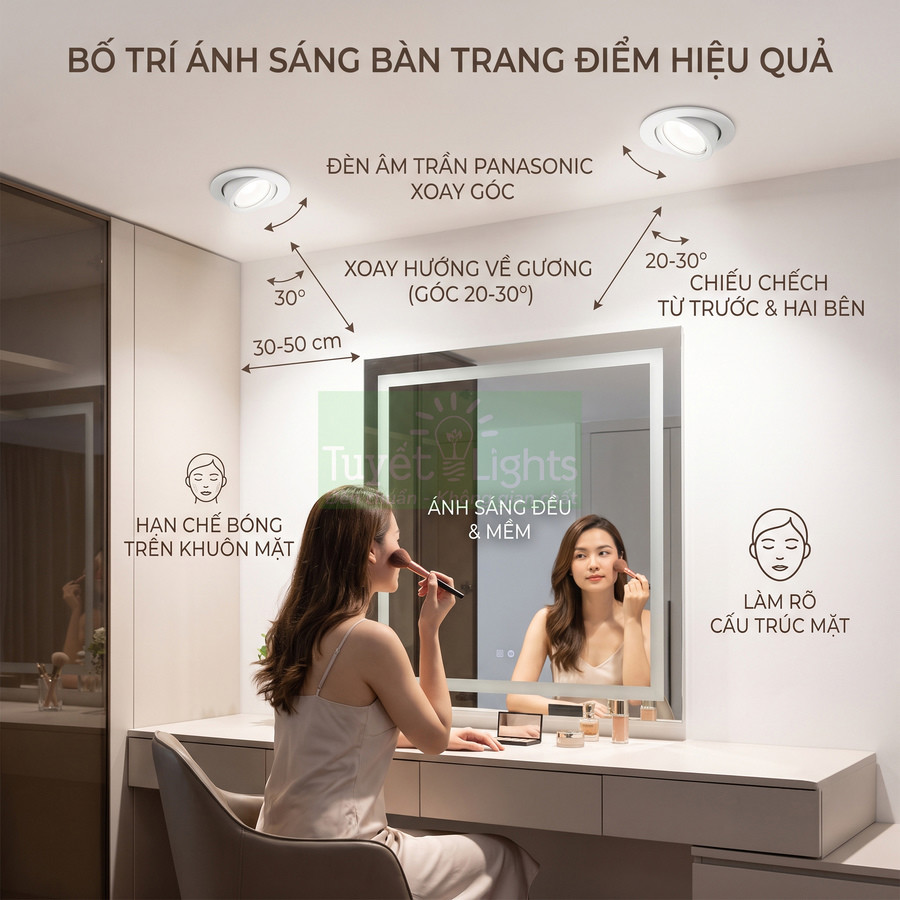 Đèn âm trần Panasonic chiếu sáng bàn trang điểm, cô gái ngồi soi gương và trang điểm trong phòng ngủ hiện đại
