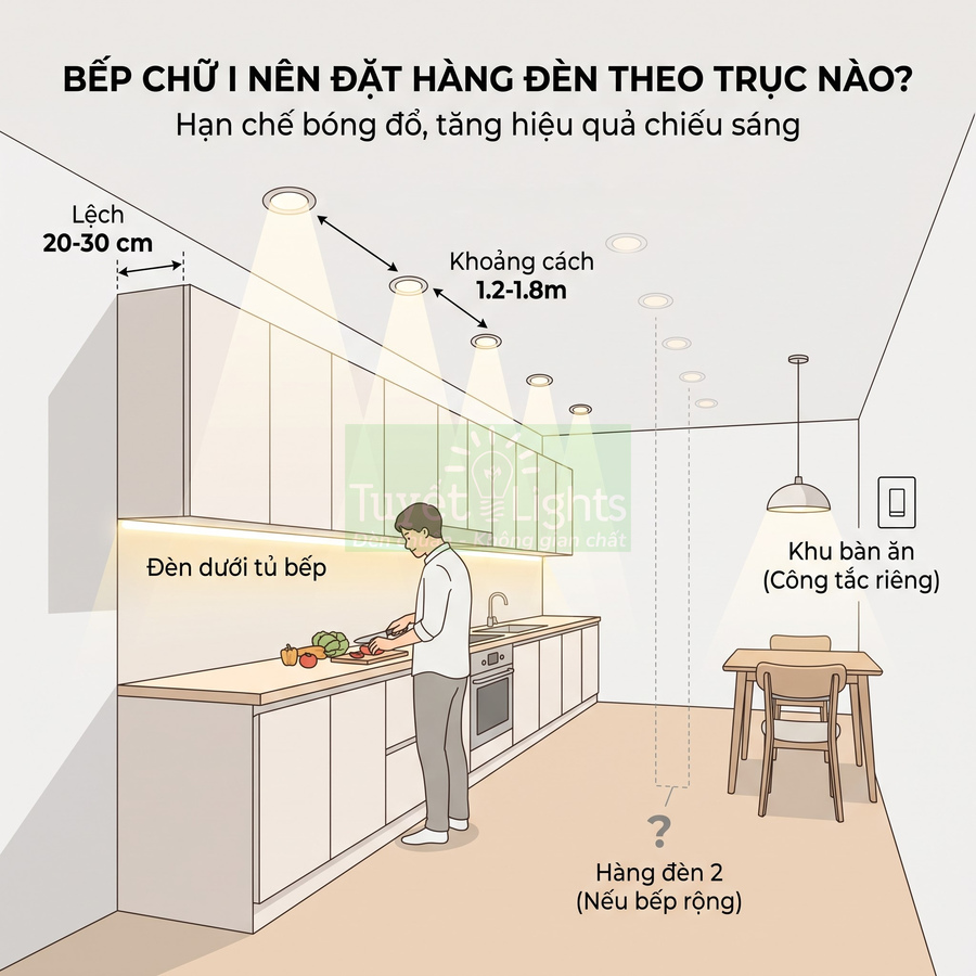 Minh họa bố trí đèn âm trần và đèn dưới tủ cho bếp chữ I và khu bàn ăn riêng
