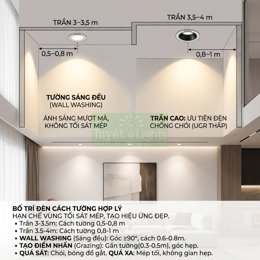 Hướng dẫn bố trí đèn âm trần Tuyết Lights chiếu tường đều, chống chói cho phòng khách hiện đại