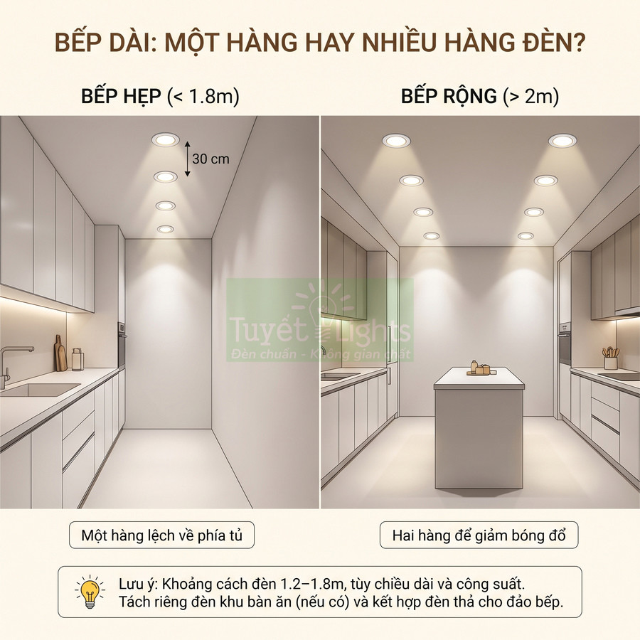 Minh họa bố trí đèn âm trần Tuyết Lights cho bếp hẹp một hàng và bếp rộng hai hàng giảm bóng đổ