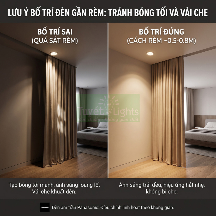 So sánh bố trí đèn âm trần Panasonic gần rèm trong phòng ngủ, minh họa cách lắp đúng và sai