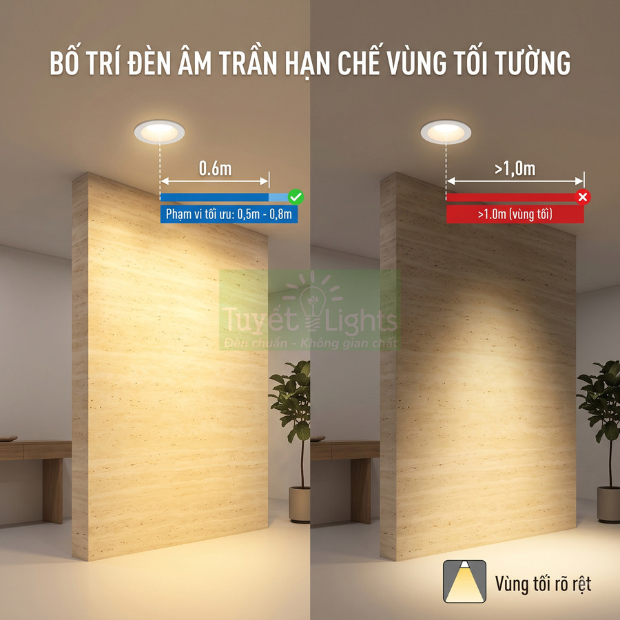 Hướng dẫn bố trí đèn âm trần Tuyết Lights cách tường 0,5 đến 0,8m để giảm vùng tối trên tường