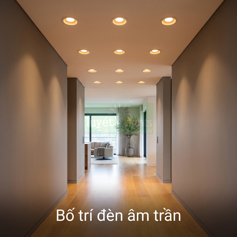 Hành lang hiện đại với hệ thống đèn âm trần chiếu sáng đều trên trần nhà