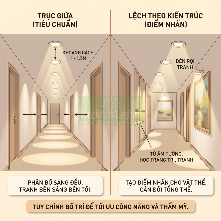 So sánh bố trí đèn âm trần chiếu sáng hành lang: trục giữa tiêu chuẩn và lệch theo kiến trúc tạo điểm nhấn