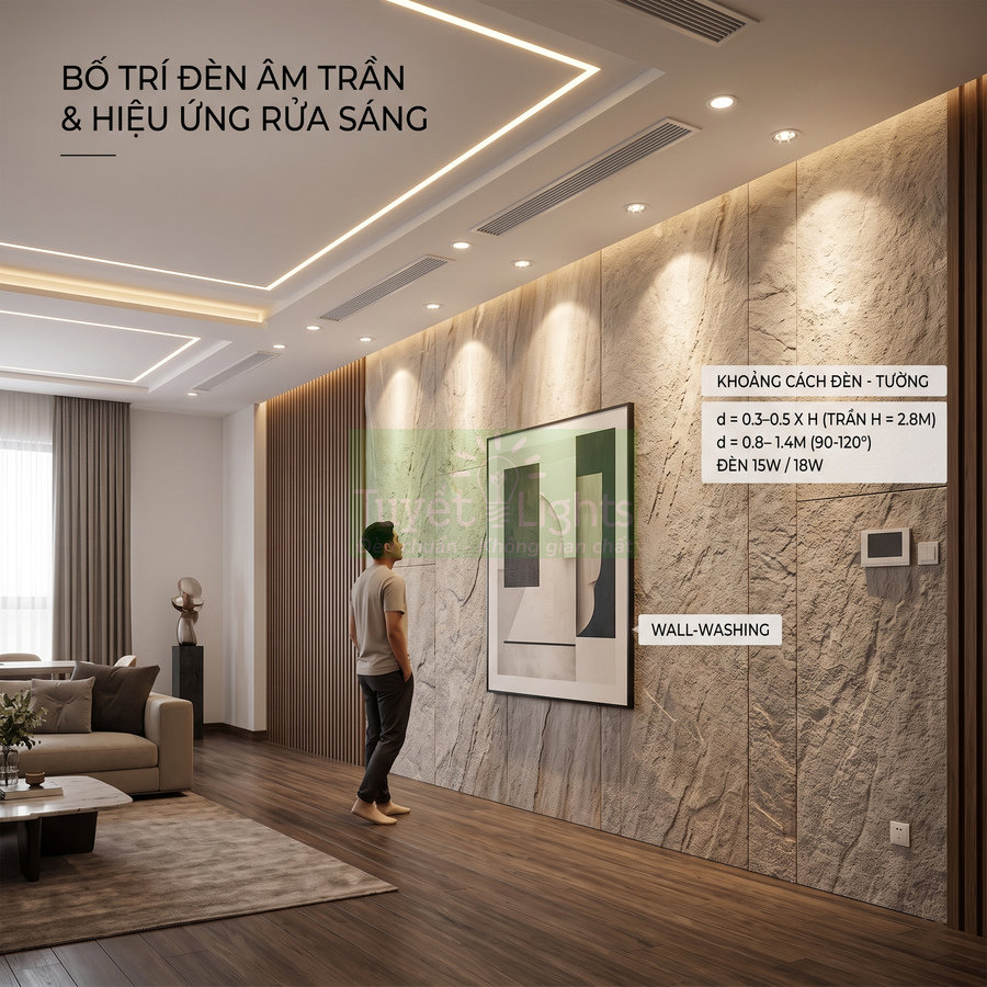 Phòng khách hiện đại với đèn âm trần và đèn rọi tường chiếu sáng bức tường đá và tranh trang trí