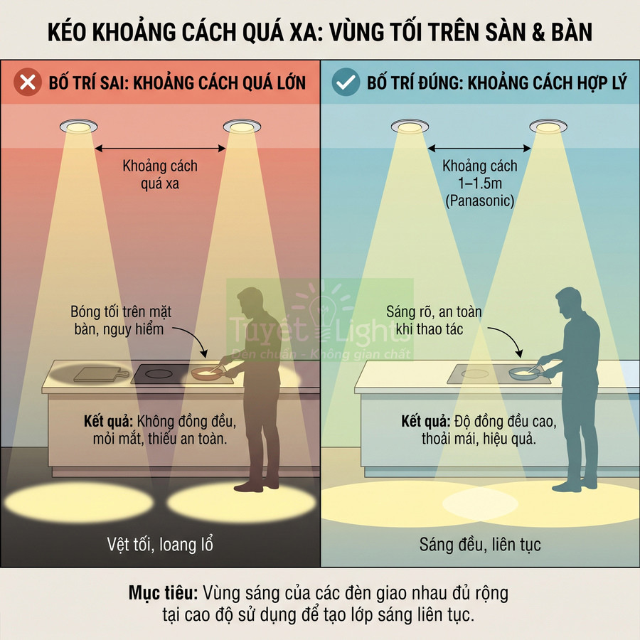 Minh họa so sánh bố trí đèn âm trần Panasonic sai và đúng khoảng cách chiếu sáng cho bếp