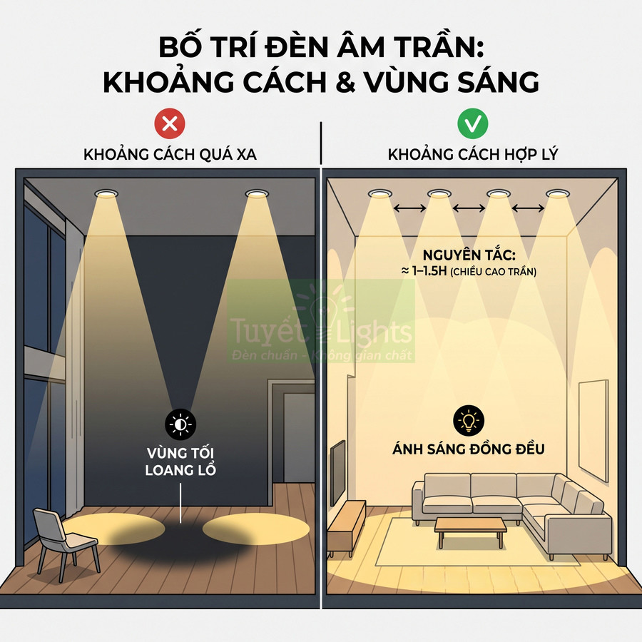 Minh họa bố trí đèn âm trần Tuyết Lights với khoảng cách hợp lý cho ánh sáng đều trong phòng khách
