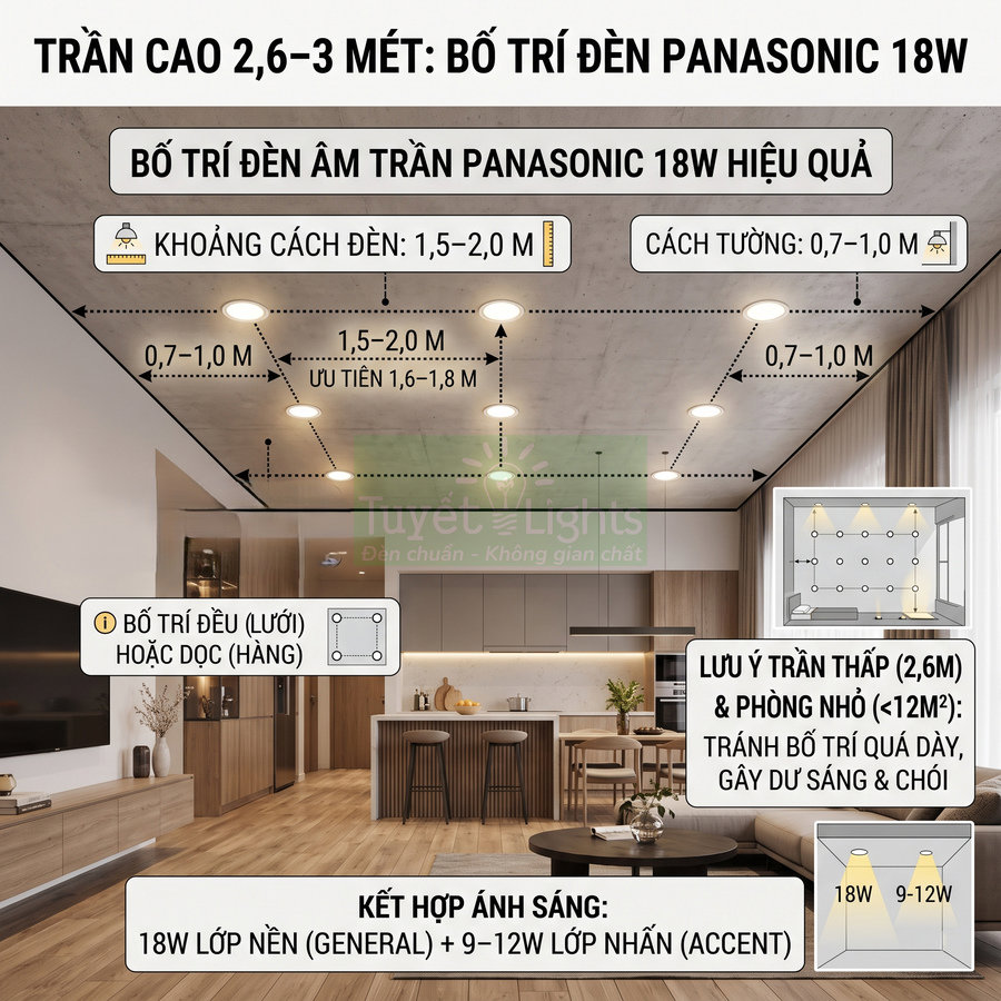 Bố trí đèn âm trần Panasonic 18W cho phòng khách trần cao 2,6 đến 3 mét, khoảng cách đèn hợp lý
