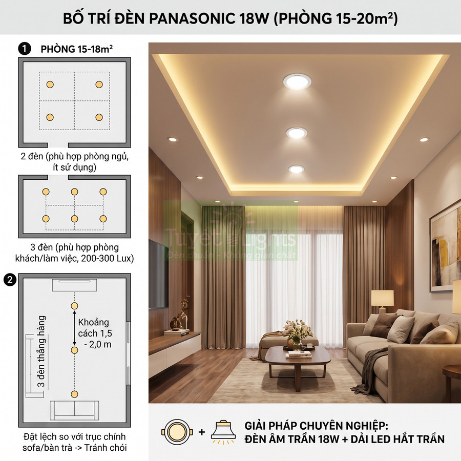 Bố trí đèn âm trần Panasonic 18W cho phòng khách 15 đến 20m2 với đèn led hắt trần hiện đại