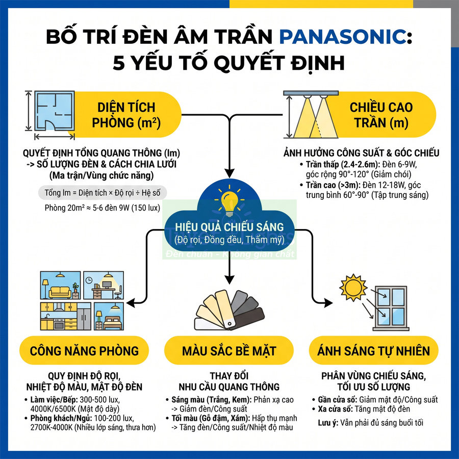 Hướng dẫn bố trí đèn âm trần Panasonic với 5 yếu tố quyết định hiệu quả chiếu sáng phòng