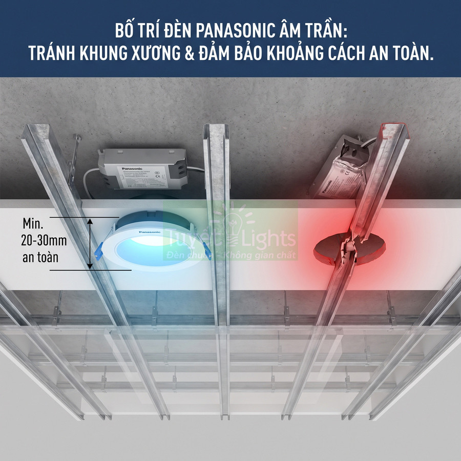 Đèn âm trần Panasonic lắp đặt đúng khoảng cách an toàn với khung xương trần
