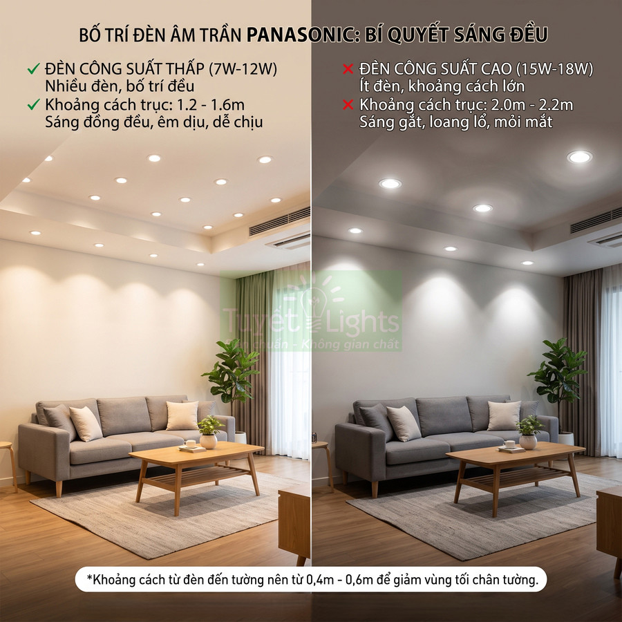 Phòng khách với đèn âm trần Panasonic công suất thấp bố trí dày cho ánh sáng đều và dễ chịu