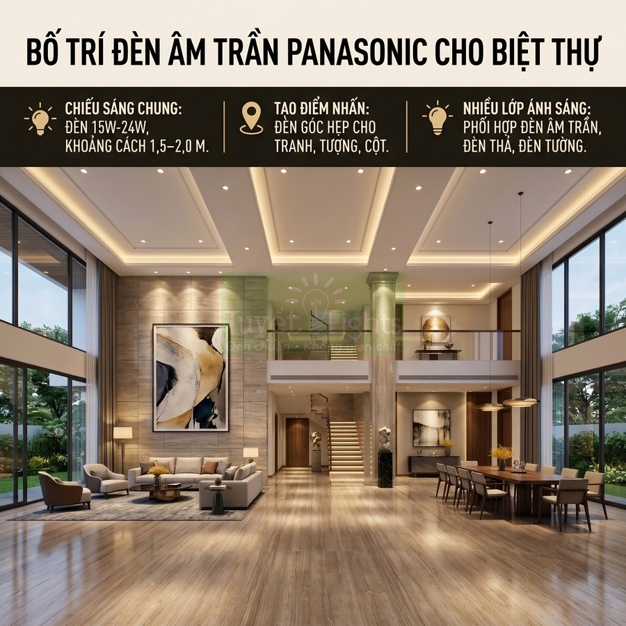 Phòng khách biệt thự sang trọng sử dụng hệ thống đèn âm trần Panasonic chiếu sáng trần cao rộng