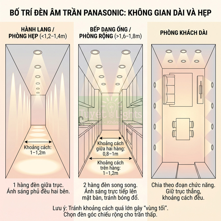 Sơ đồ bố trí đèn âm trần Panasonic cho hành lang, bếp dạng ống và phòng khách dài
