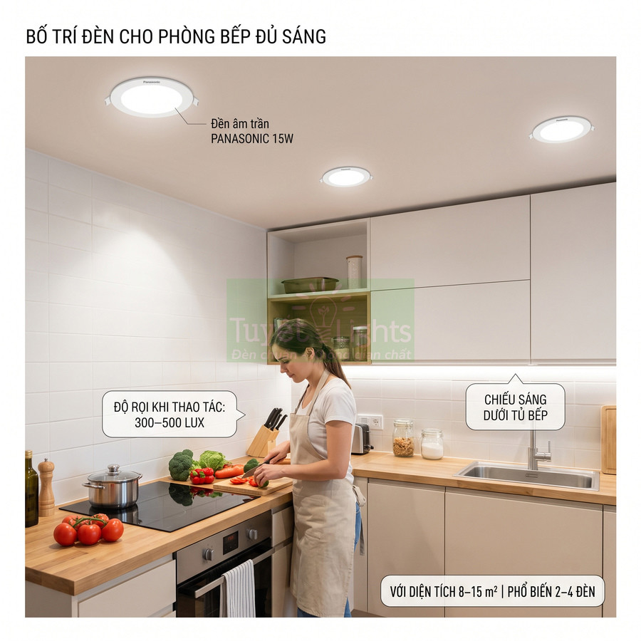 Đèn âm trần Panasonic 15W chiếu sáng phòng bếp hiện đại, hỗ trợ khu vực nấu ăn và mặt bếp