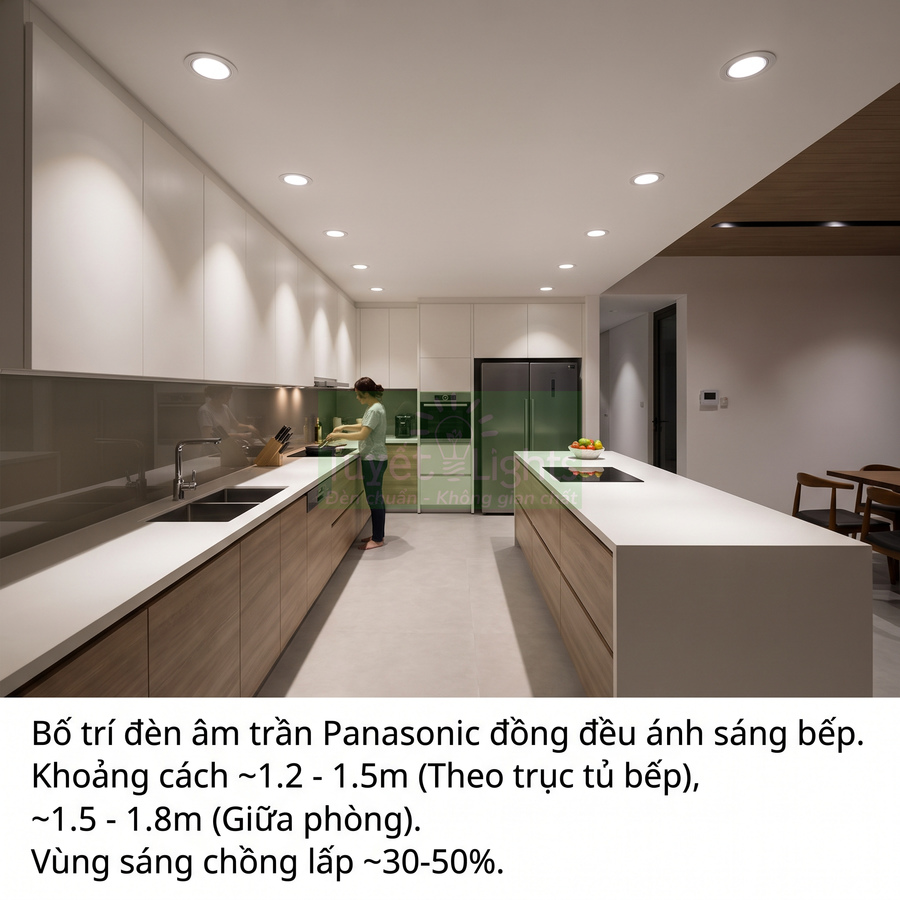 Đèn âm trần Panasonic chiếu sáng đều không gian bếp hiện đại với đảo bếp và tủ gỗ