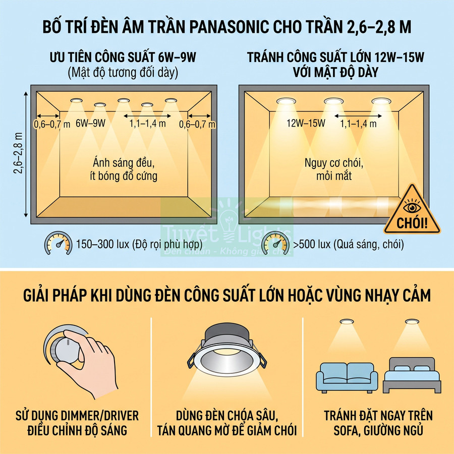 Hướng dẫn bố trí đèn âm trần Panasonic cho trần 2,6–2,8 m và giải pháp giảm chói khi dùng đèn công suất lớn