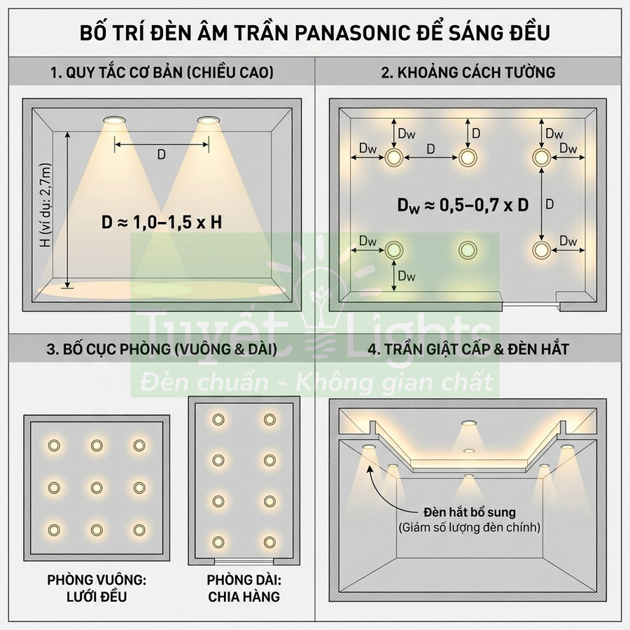 Sơ đồ bố trí đèn âm trần Panasonic cho phòng vuông, phòng dài và trần giật cấp để chiếu sáng đều