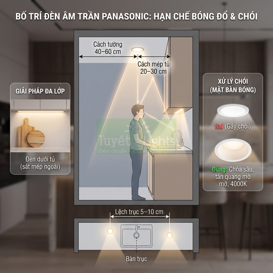 Sơ đồ bố trí đèn âm trần Panasonic và đèn dưới tủ cho khu vực bếp hạn chế bóng đổ chói mắt
