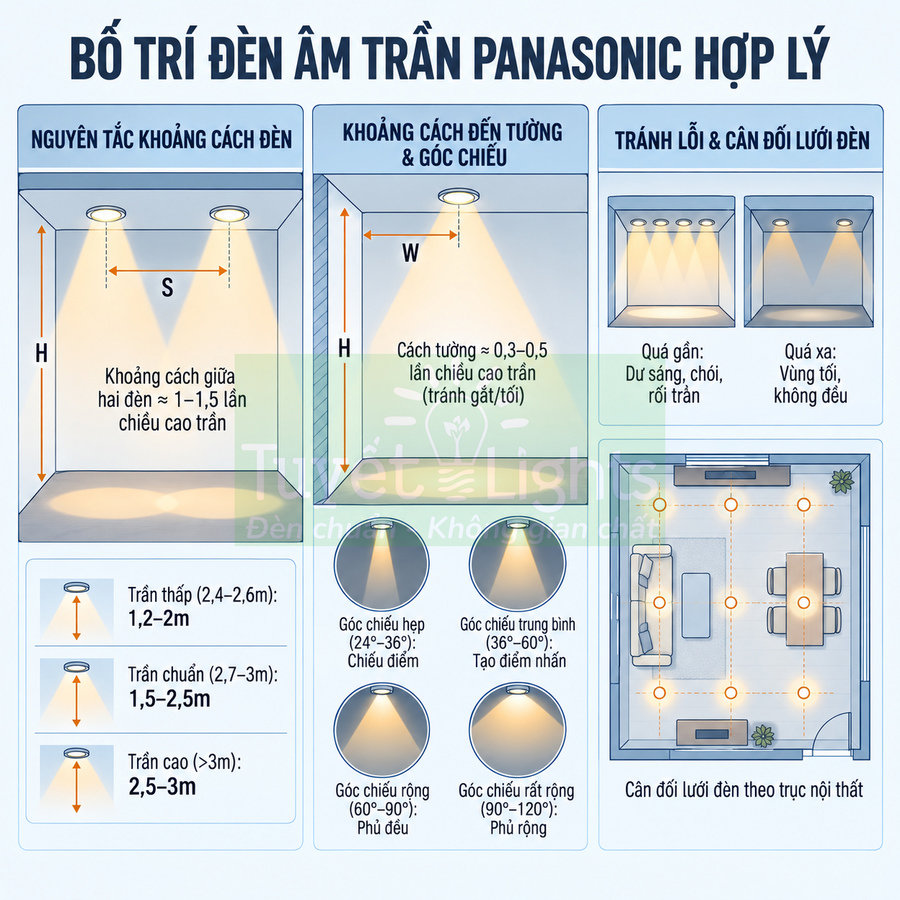 Sơ đồ bố trí đèn âm trần Panasonic hợp lý cho phòng khách và phòng ăn trong nhà