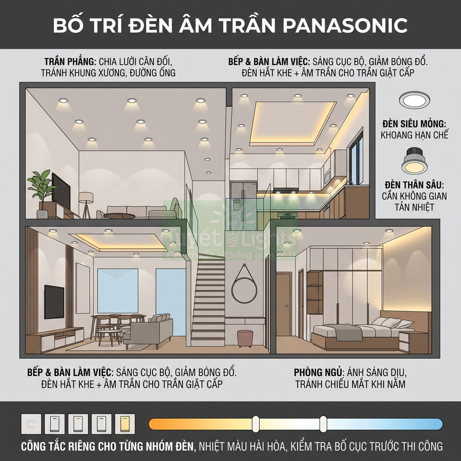 Bố trí đèn âm trần Panasonic trong phòng khách, bếp và phòng ngủ với ánh sáng hài hòa theo từng khu vực