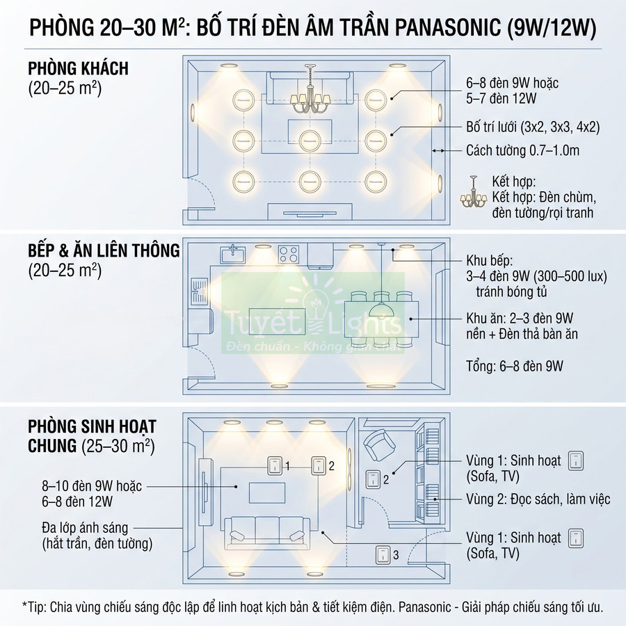 Sơ đồ bố trí đèn âm trần Panasonic 9W 12W cho phòng khách bếp và phòng sinh hoạt 20 30m2