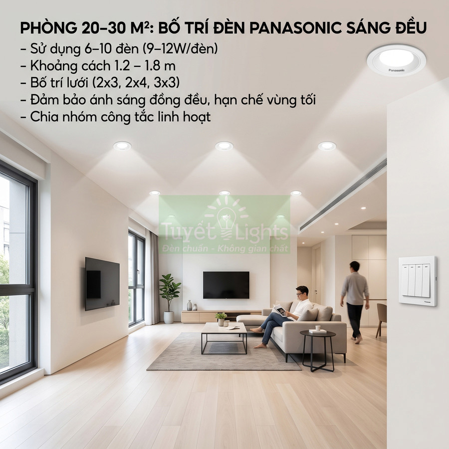 Phòng khách hiện đại sử dụng nhiều đèn âm trần Panasonic chiếu sáng đều, nội thất tối giản sáng màu