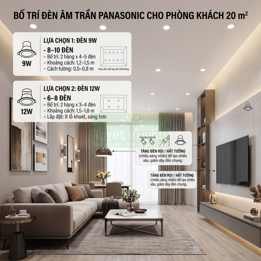 Bố trí đèn âm trần Panasonic 9W và 12W cho phòng khách 20m2 với hướng dẫn số lượng và khoảng cách lắp đặt