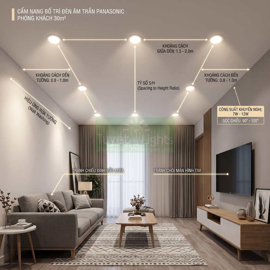 Phòng khách hiện đại với đèn âm trần Panasonic bố trí đều, sofa xám, bàn gỗ và tivi treo tường
