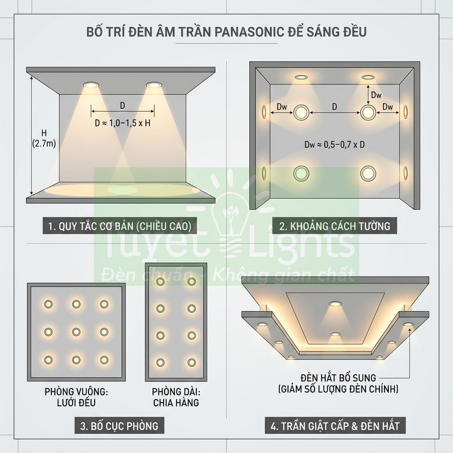 Sơ đồ bố trí đèn âm trần Panasonic cho phòng vuông, phòng dài và trần giật cấp giúp chiếu sáng đều