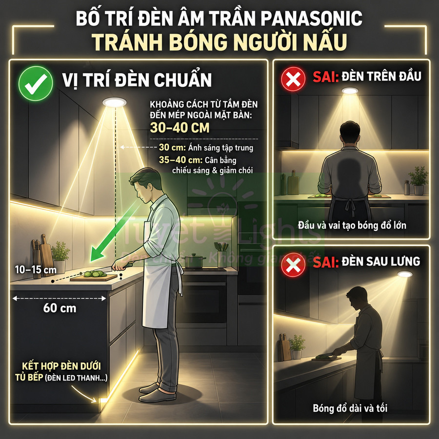 Hướng dẫn bố trí đèn âm trần Panasonic trong bếp để chiếu sáng mặt bàn nấu ăn, tránh bóng người nấu