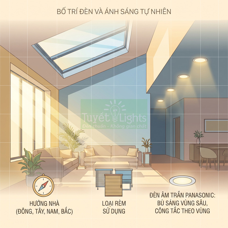Phòng khách hiện đại với cửa sổ trần, rèm cửa và đèn âm trần Panasonic bố trí chiếu sáng tự nhiên và nhân tạo