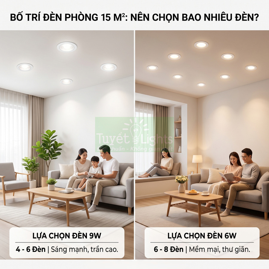 Bố trí đèn âm trần Tuyết Lights cho phòng khách 15m2 với lựa chọn đèn 9W và 6W