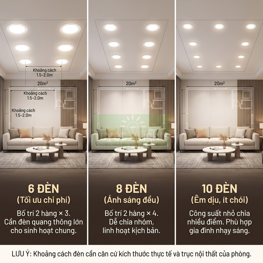 Cách bố trí 6, 8 và 10 đèn downlight âm trần cho phòng khách 20m2 với khoảng cách lắp đặt gợi ý