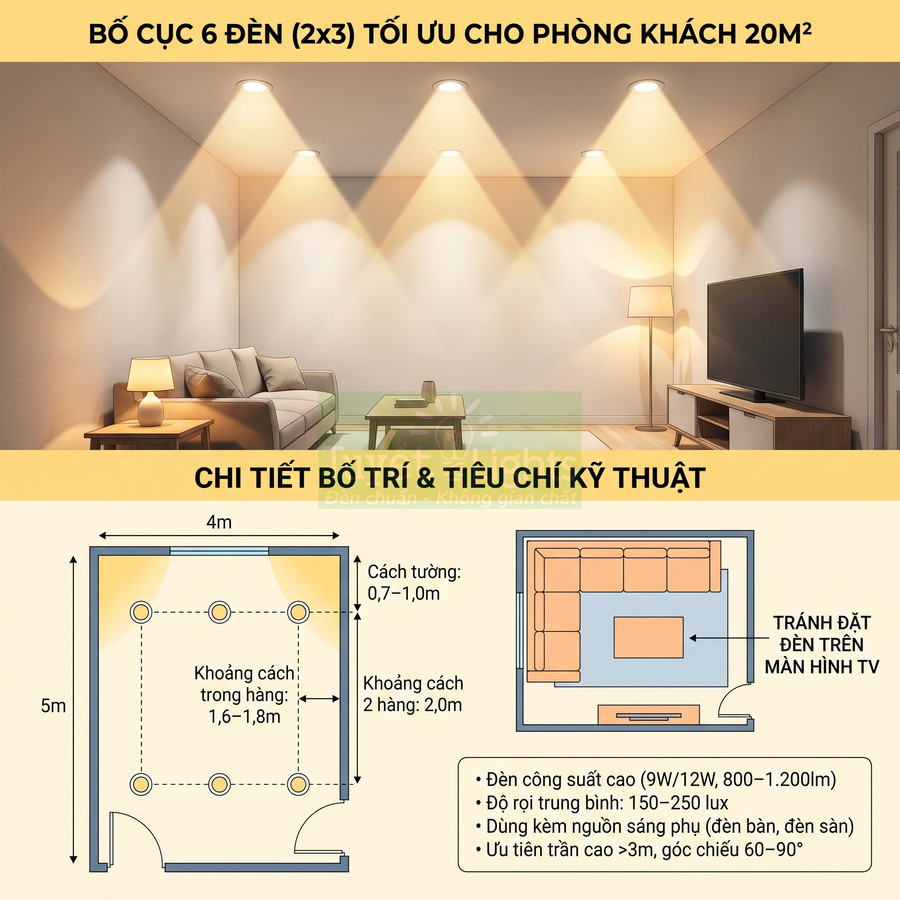 Sơ đồ bố trí 6 đèn âm trần tối ưu chiếu sáng phòng khách 20m2 với sofa và tivi