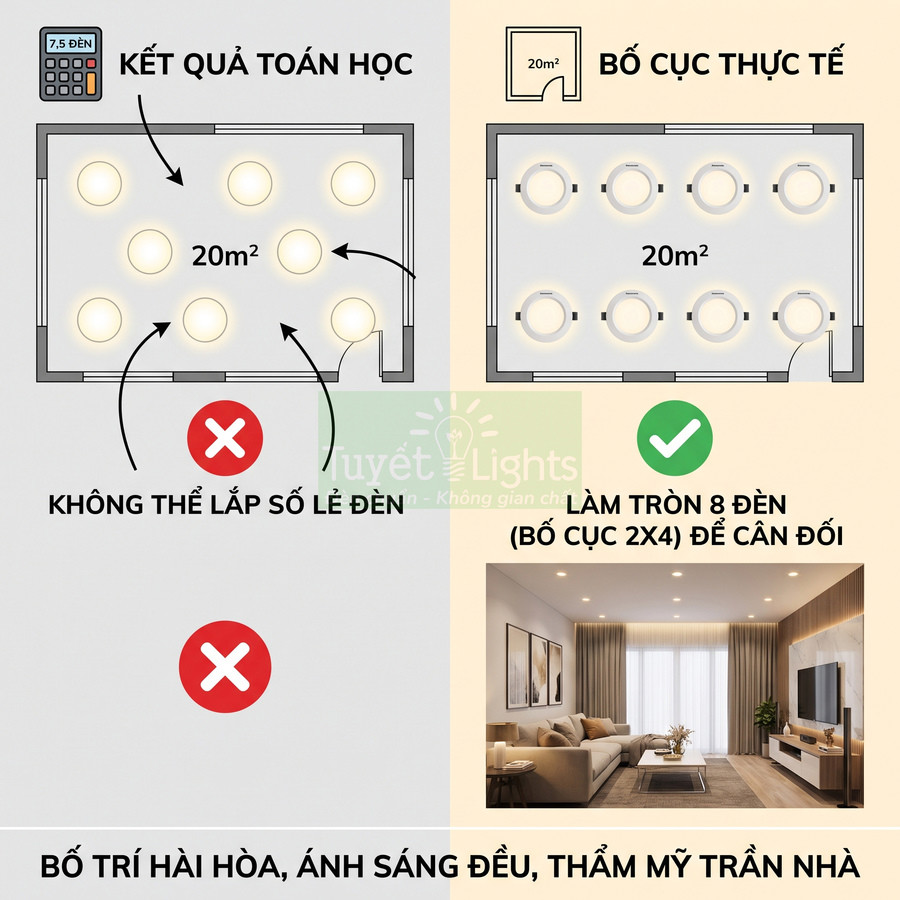 Sơ đồ bố trí 8 đèn downlight âm trần cho phòng khách 20m2 ánh sáng đều và thẩm mỹ