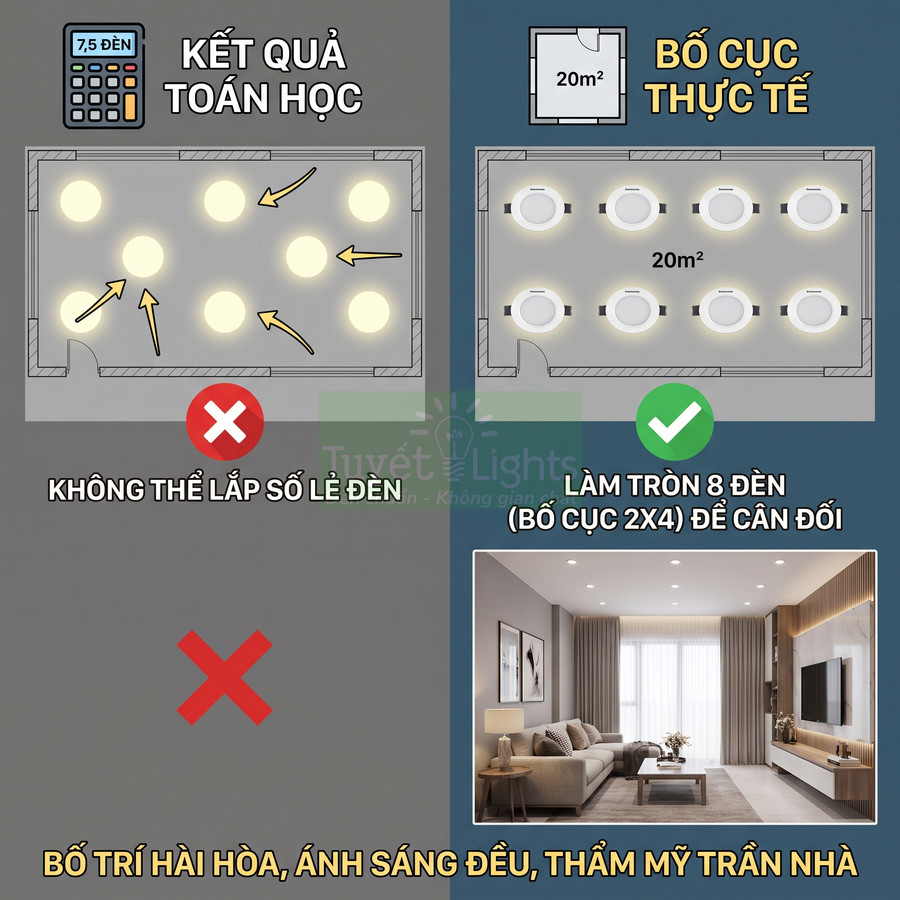 Sơ đồ bố trí 8 đèn âm trần cho phòng khách 20m2 giúp ánh sáng đều và thẩm mỹ trần nhà